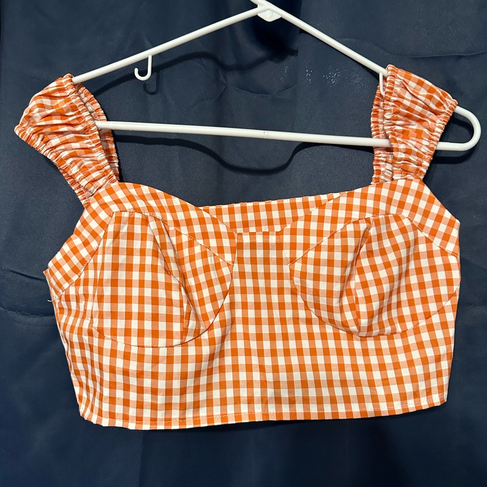 Shein orange gingham sweetheart neck crop top